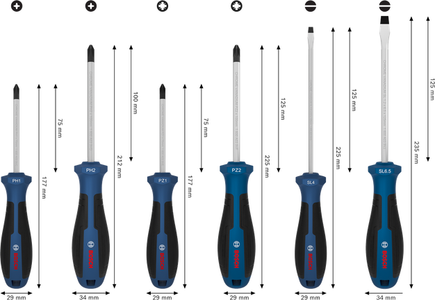 Bosch screwdriver set PH/PZ/SL, 6 pcs with chrome vanadium shafts.