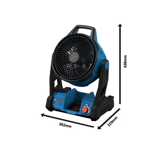 Bosch GVF18VH-1300 cordless jobsite fan with size dimensions.