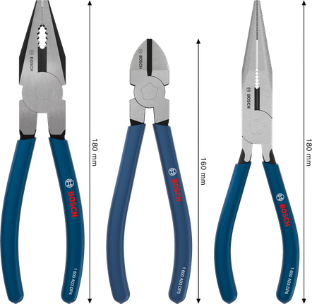 Bosch pliers set with dipped non-slip handles, 3 pieces.