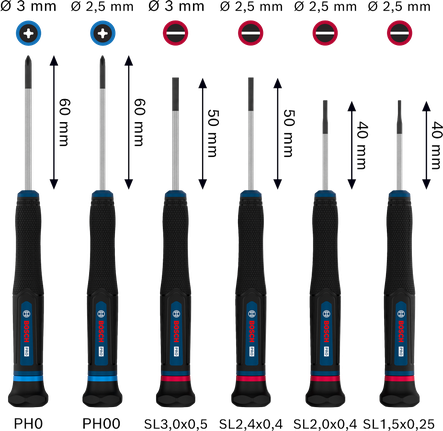 Bosch PRO Precision Screwdriver Set PH/SL, 6 pcs with color-coded anti-roll handles.