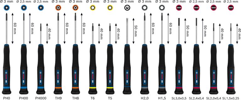 Bosch PRO Precision Screwdriver Set 14 pcs with color-coded handles.