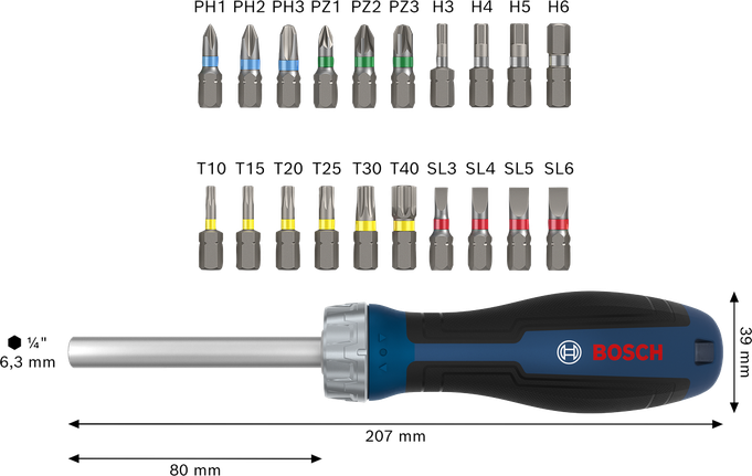 Bosch bit ratchet screwdriver set with 18 interchangeable bits.