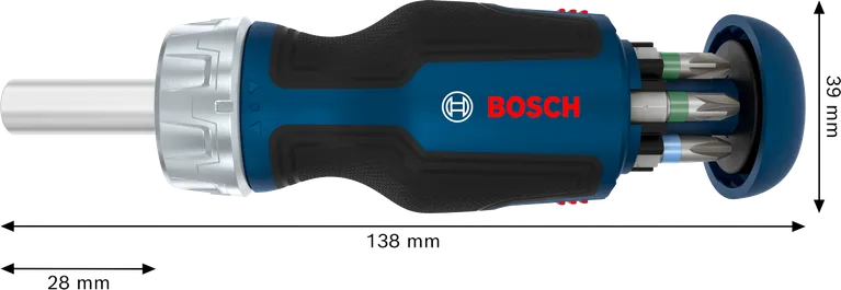 Bosch stubby bit ratchet screwdriver with 6 bits.