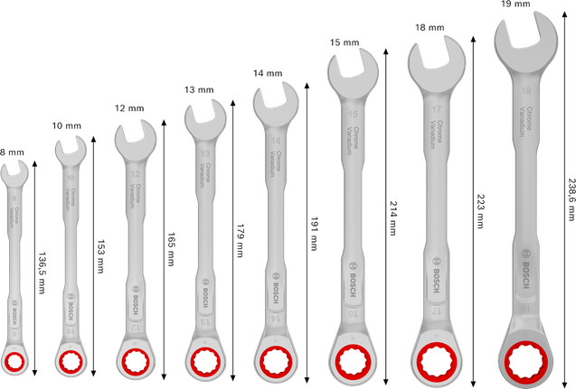 Bosch ratchet combination wrench set 8-19 mm, +50% torque.
