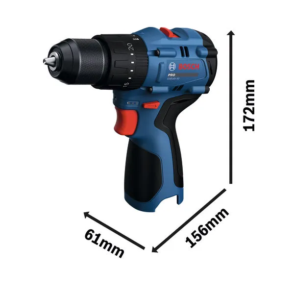 Bosch GSB16V-50 cordless impact drill with dimensions.
