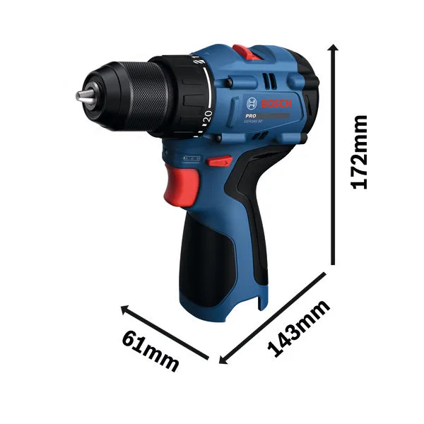 Bosch GSR16V-50 cordless drill with dimensions.