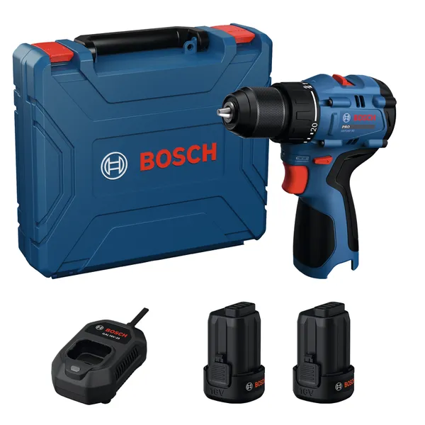 Bosch GSR16V-50 cordless drill set with case.