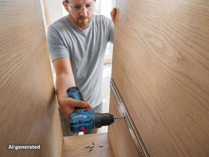 Person wearing safety equipment uses a cordless drill to install drawer slides in wooden cabinetry.