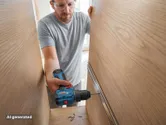 Person wearing safety equipment uses a cordless drill to install drawer slides in wooden cabinetry.
