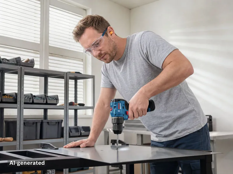 A person wearing safety equipment drills into a tabletop using a cordless drill.