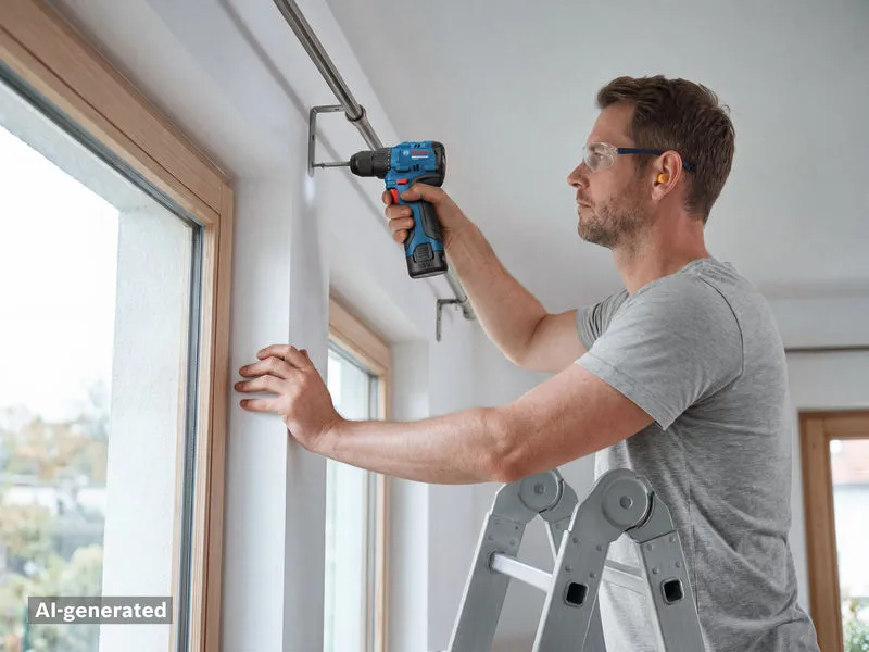 A person wearing safety equipment uses a cordless drill to install a curtain rod.