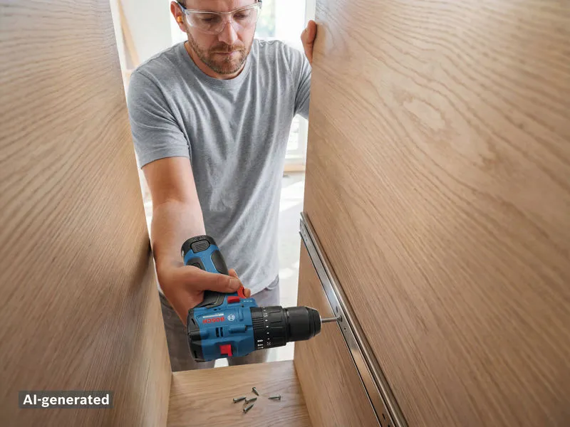 A person wearing safety equipment drills into a wooden cabinet frame.