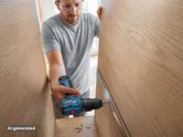 A person wearing safety equipment drills into a wooden cabinet frame.