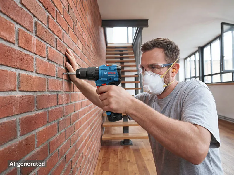 A person wearing safety equipment drills into a brick wall with a cordless impact drill.