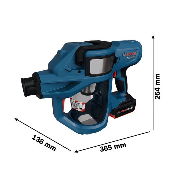 Bosch GAS18V-2LS cordless dry vacuum cleaner with dimensions.