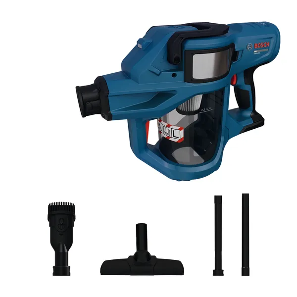 Bosch GAS18V-2LS cordless vacuum with attachments.
