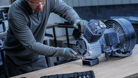 Person wearing safety equipment checks a large motor on a workbench.