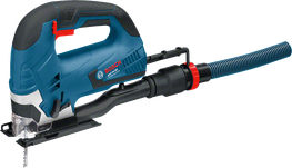 Bosch GST 90 BE jigsaw with dust extraction attachment.