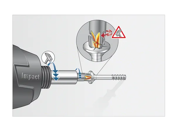 Impact driver bit tightening a screw with a close-up showing bit movement.