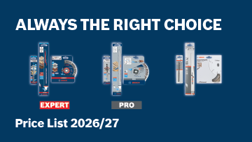 A blue background features Bosch Professional tools packaging labeled 'EXPERT' and 'PRO', with price list info.