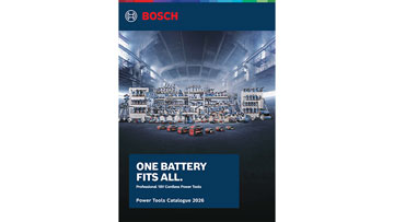 A Bosch Professional tool catalog cover featuring various power tools arranged neatly on shelves in a well-lit, industrial space. The main text reads 'ONE BATTERY FITS ALL...' in bold letters, emphasizing versatility. The color scheme includes shades of blue and gray, creating a professional atmosphere. Tools are displayed in an organized manner, showcasing their variety and design.